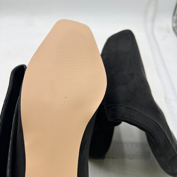 Black Suede Square Toe Knee High Boot Wide Calf Low Chunky Heel Winter Long Boot - Picture 6 of 8